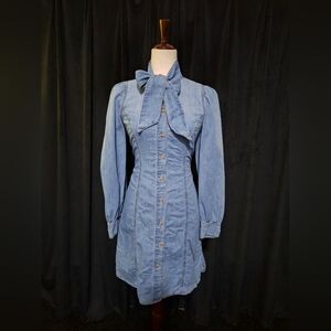 Elegant Long Sleeve Denim Dress with Bow